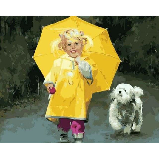 Little Girl in Yellow and Small Dog