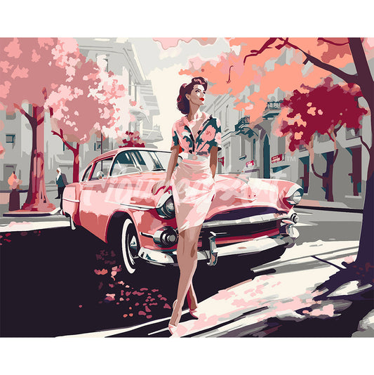 Lady and Pink Classic Car