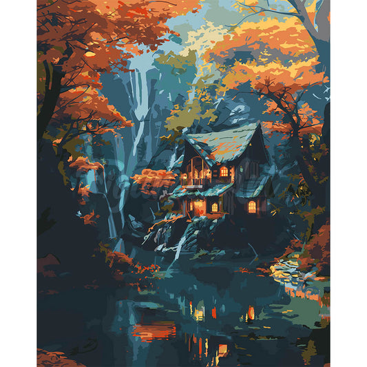 Fall Cabin by Waterfall