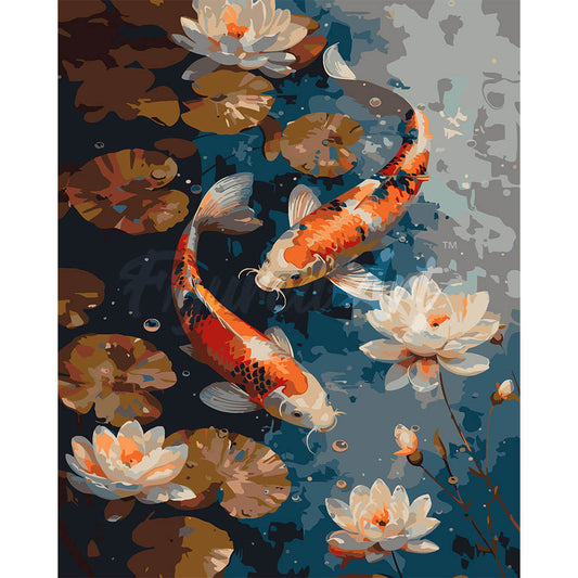 Vintage Koi Carps and Flowers