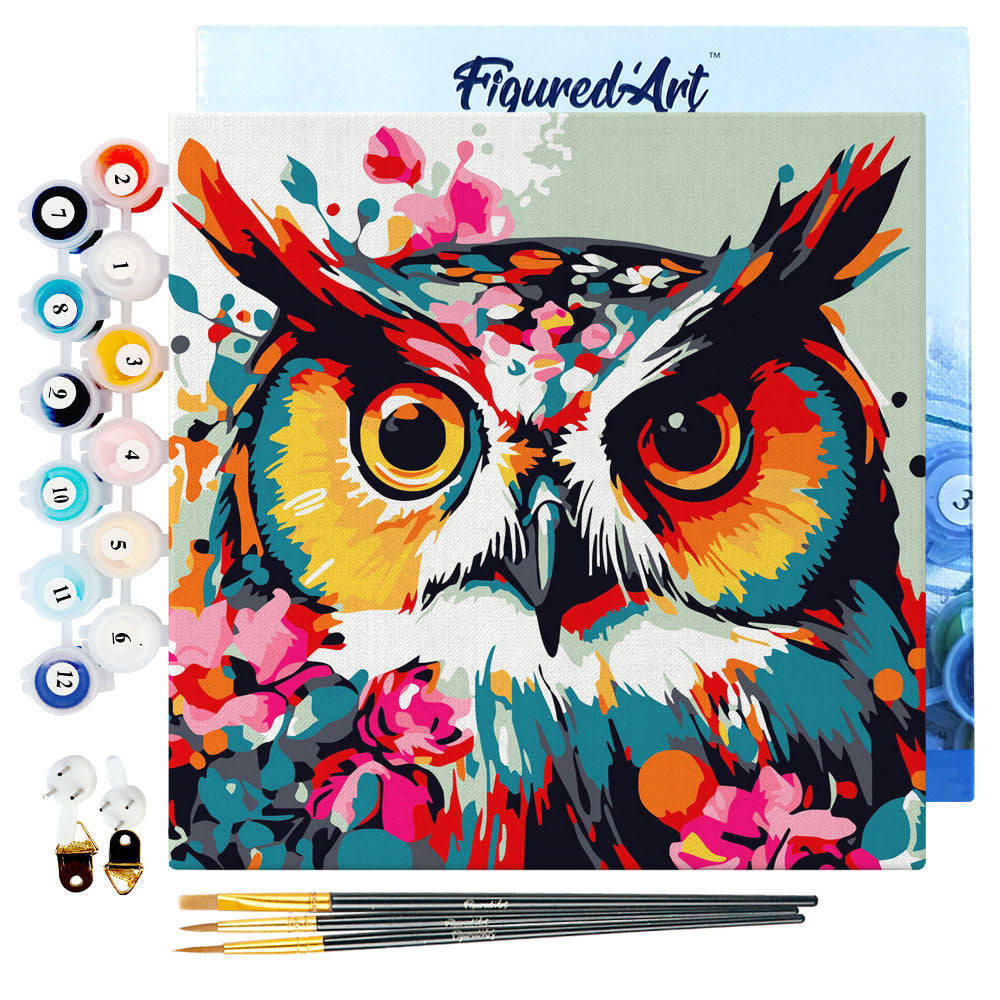 Mini Paint by numbers 8x8 framed - Fantasy owl with flowers