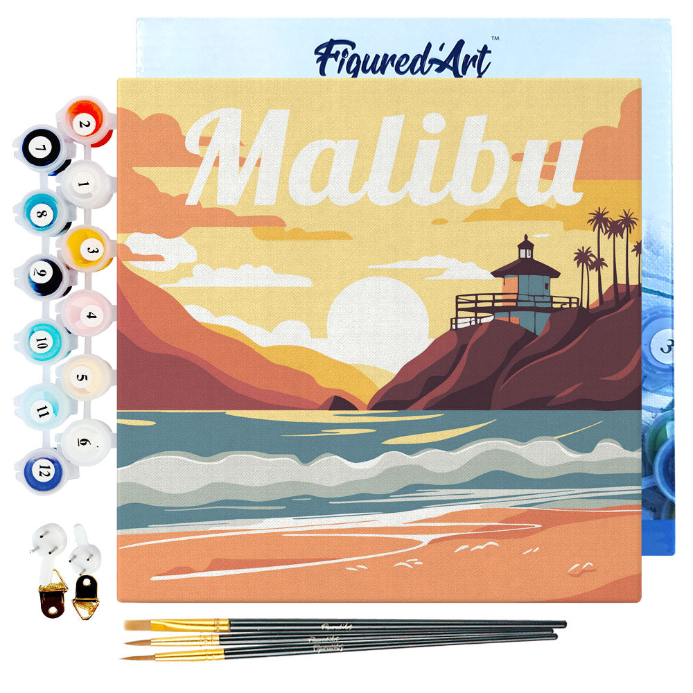 Mini Paint by numbers 8x8 framed - Travel Poster Malibu