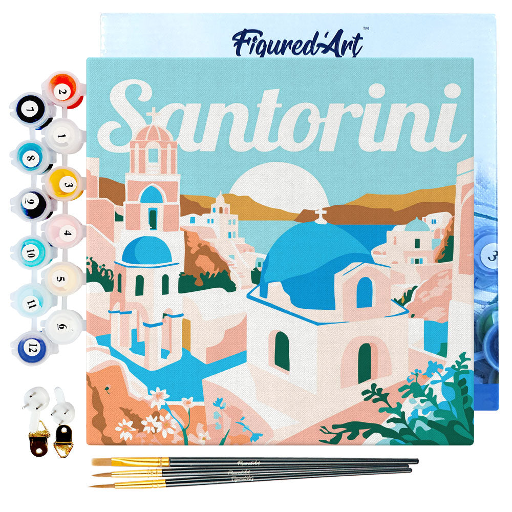 Mini Paint by numbers 8x8 framed - Travel Poster Santorini Sunrise