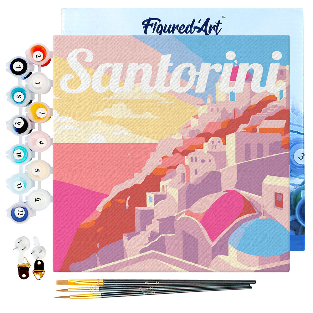 Mini Paint by numbers 8x8 framed - Travel Poster Santorini Sunset