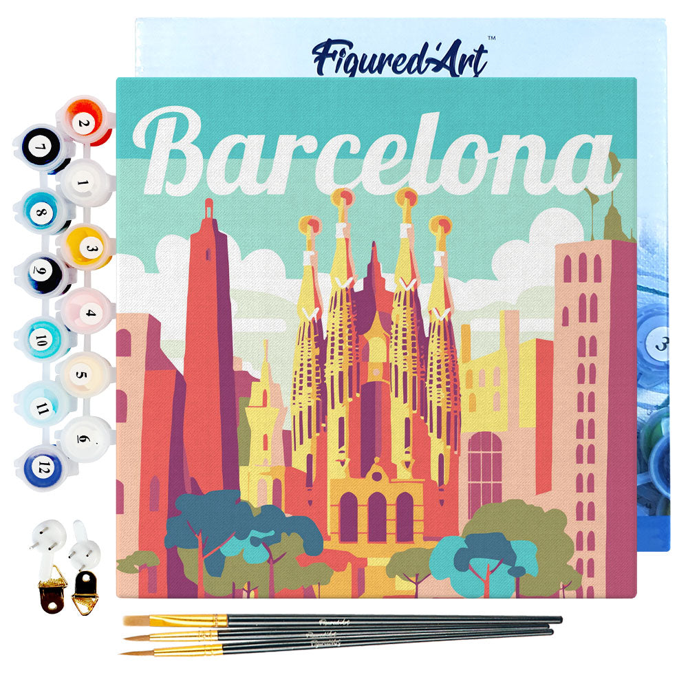Mini Paint by numbers 8x8 framed - Travel Poster Barcelona