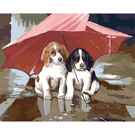 Two Puppies Under An Umbrella