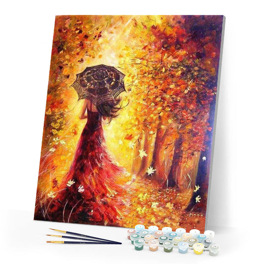 Autumn Forest and Woman with Umbrella