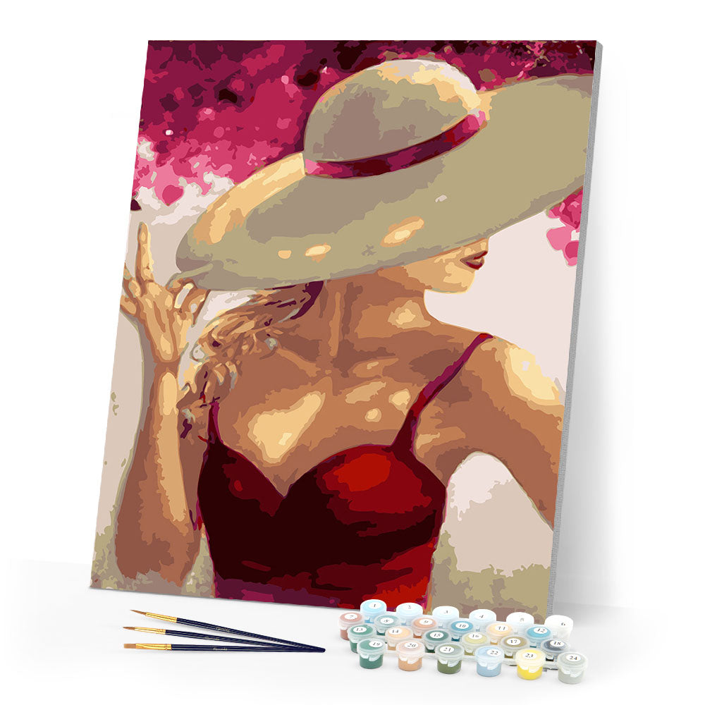 Woman with Hat and Red Dress