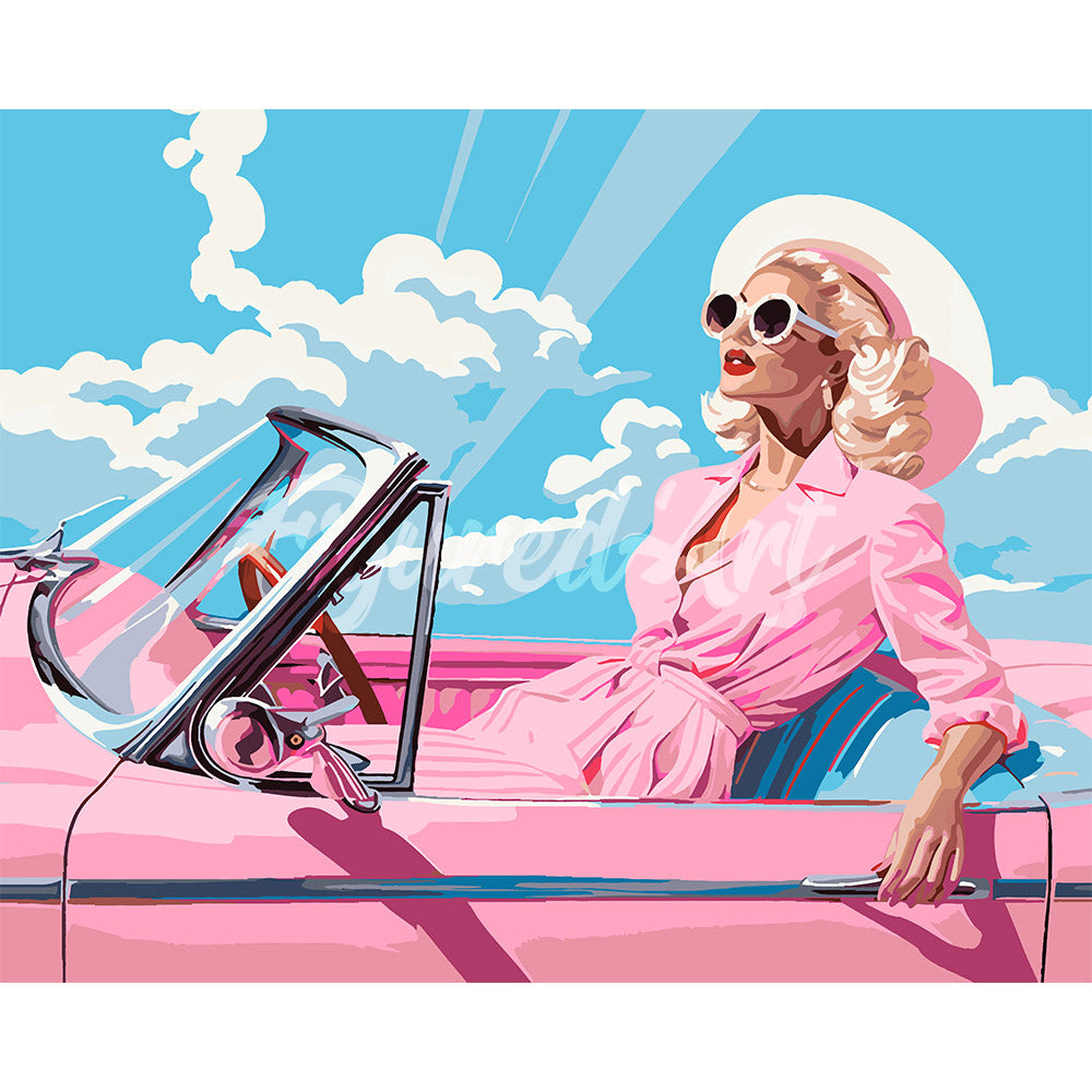 Diva in a Pink Retro Car