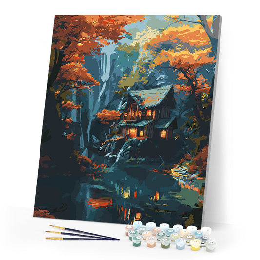 Fall Cabin by Waterfall