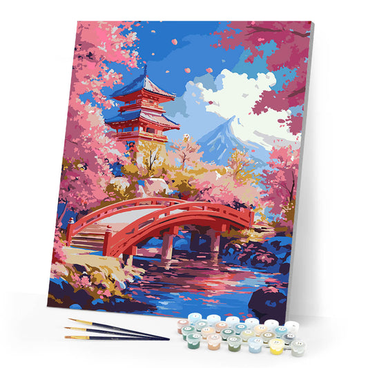 Red Bridge and Cherry Blossoms
