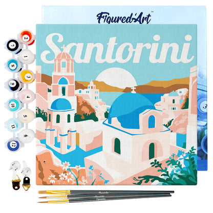 Mini Paint by numbers 8x8 framed - Travel Poster Santorini Sunrise