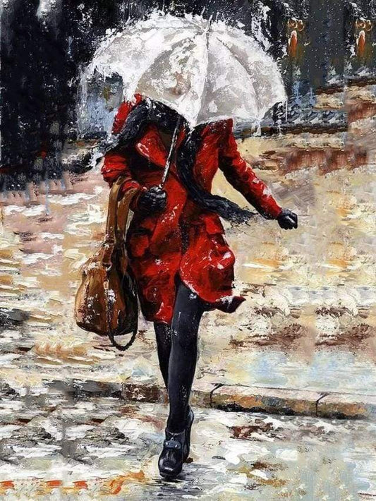 Woman walking down the stairs in the Rain